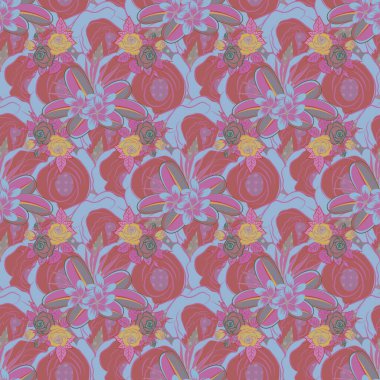 Gül çiçekleri ve yapraklarıyla vektör çizgili, pürüzsüz desen. Kumaş, tekstil ve ambalaj kağıtları için dekoratif süs. Mavi, gri ve pembe renkli duvar kağıtları. Doğulu pürüzsüz desen.