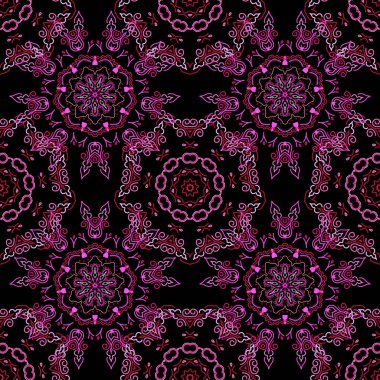 Vektör çizimi. Barok klasik çiçek desenli pembe, kırmızı ve mor renklerde. Şatafatlı klasik süs, duvar kağıtları, baskı, tekstil veya kumaş için kraliyet Victoria dönemi dokusu.