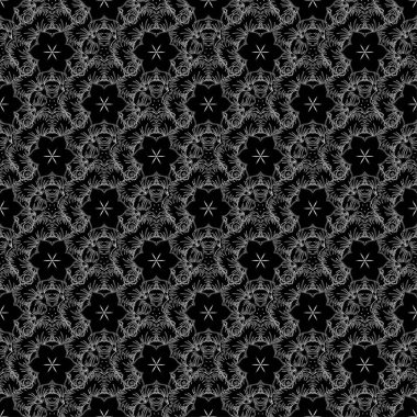 Tebrik kartları, tekstil, beyaz ve siyah renkli kumaş için dekorasyon. Viktorya dönemi tarzında hatlar çizilmiş elementler. Tasarım için vektör siluet ve vignette pürüzsüz desen.