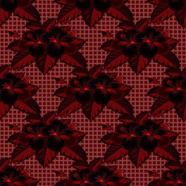 Kırmızı ve siyah renklerde çiçek arkaplanı. Çiçek deseni. Kırmızı ve siyah amberli bir vektör. Çiçek deseni.