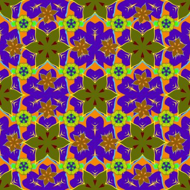 Pırıl pırıl bir desen. Sarı, mor ve yeşil elementli vektör lüks çizim.