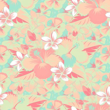 Mavi, bej ve pembe renkli Hibiscus çiçekleri.