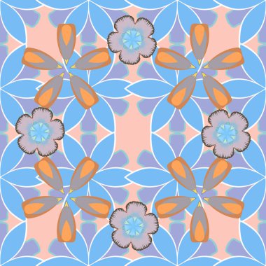 Vektör çizimi. Gri, turuncu ve mavi renklerde yapraklar ve tropikal çiçeklerle kusursuz arkaplan deseni.