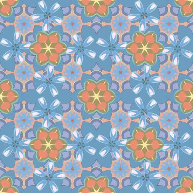 Dekoratif yaz çiçeklerinin turuncu, mavi ve bej renkleriyle kusursuz desen, suluboya vektör çizimi.