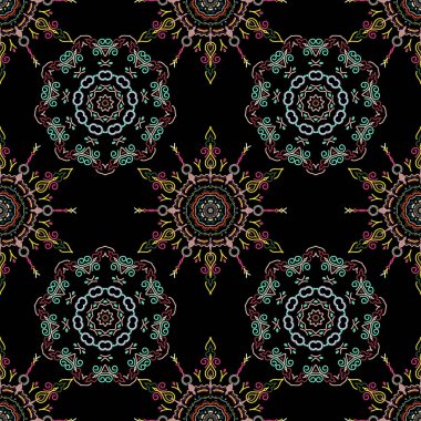 Çiçekli ve Mandala elementli zarif, pürüzsüz bir desen. Güzel el yapımı, pürüzsüz vektör çizimi.