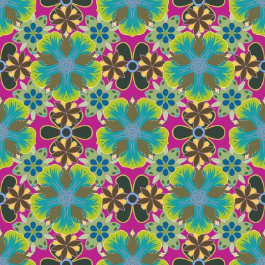 Yeşil, kahverengi ve mavi renkli biçimlendirilmiş çiçeklerle kusursuz çiçek deseni. Vektör illüstrasyonu.