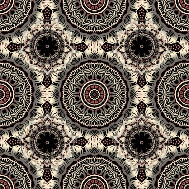 Vektör çizimi. Damask, bej ve kahverengi renklerle renksiz çiçek arkaplan deseni.