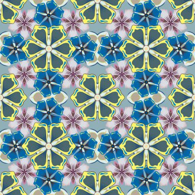 Vektör çizimi. Mavi, sarı ve gri renklerde sevimli çiçeklerle kusursuz çiçek deseni..