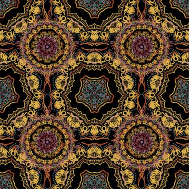 Duvar kâğıdı barok, kusursuz vektör arkaplan, siyah arka planda çok renkli. Çiçeksiz desen.