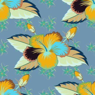 Tropik çiçekler, amber çiçekleri, amber tomurcukları, sarı, gri ve mavi renkli vektör desenleri. Klasik stil.