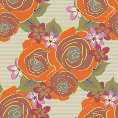 Gül suluboya çiçek çizimi. Şekillendirilmiş turuncu, sarı ve pembe güllerin vektörsüz deseni.