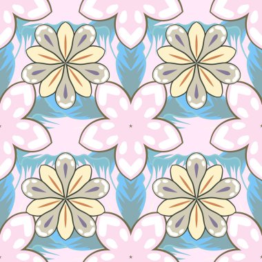 Elle çizilmiş, pürüzsüz desen. Beyaz, bej ve mavi renkte bir sürü çiçek. Vektör desenli çiçek deseni.