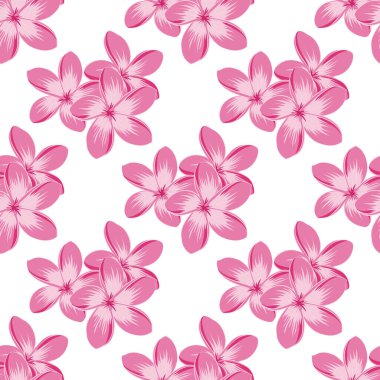 Pembe, mor ve pembe renklerde sevimli plumeria çiçekleriyle kusursuz desen. Güzel vektör dokusu. Bahar mahsulü çiçek arkaplanı.