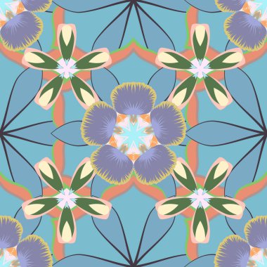 Kusursuz desen web sayfası arka planı, yüzey dokuları ve kumaşlar için kullanılabilir. El yapımı kır çiçekleri. Yeşil, bej ve mavi renklerde kusursuz çiçek duvar kağıtları..