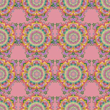 Çiçekli ve Mandala elementli zarif, pürüzsüz bir desen. Güzel mavi, pembe ve yeşil elle çizilmiş kusursuz vektör çizimi.