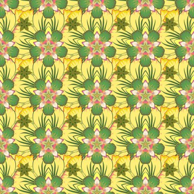 Bej, sarı ve yeşil renklerde kusursuz çiçek deseni. Raster illüstrasyonu.