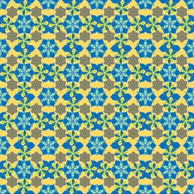 Kahverengi, mavi ve sarı renkte bir sürü raster çiçeği. Çiçeksiz, güzel bir geçmişi var. Elle çizilmiş pürüzsüz desen.