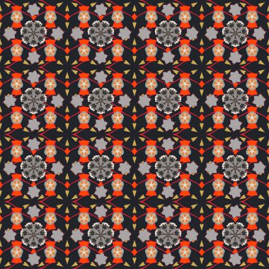 Ditsy tarzı. Gri, kırmızı ve turuncu renkte vektör tasarımı. Çiçeksiz desen, küçük çiçekli basit çiçek deseni..
