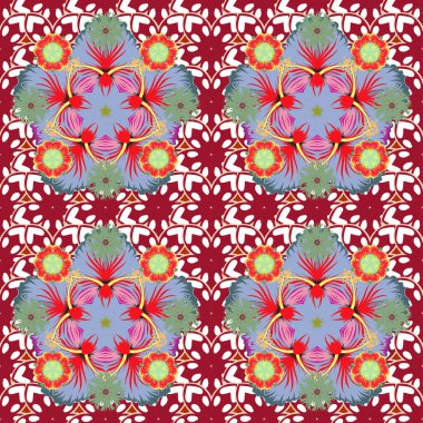 Vektör çizimi. Kırmızı, beyaz ve yeşil renklerde desensiz çiçek deseni.