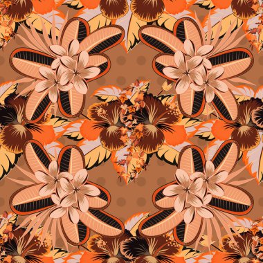 Vektör çizimi. Kahverengi, turuncu ve bej renkli amber çiçekleri olan geleneksel Hint çiçekleri..