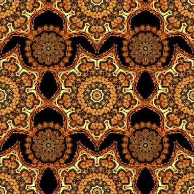 Çiçeksiz desen. Duvar kağıdı barok, sarı, kahverengi ve turuncu renklerde kusursuz vektör arkaplan.