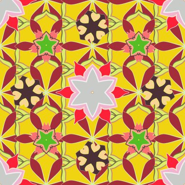 Çiçeksiz desenli küçük çiçekli basit çiçek deseni. Ditsy tarzı. Raster tasarımı bej, sarı ve kırmızı renklerde..