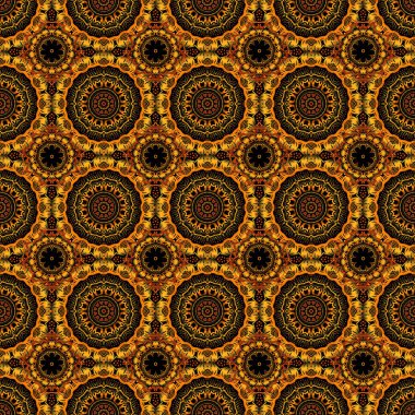 Doğulu, çiçekli bir süs. Halılar, tekstil, duvar kağıtları ve herhangi bir yüzey için şablonlar. Siyah bir arkaplanda kahverengi, sarı ve turuncu süslemeler..