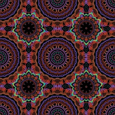 Siyah arka planda Kraliyet soyut çiçekleri. Damask, mavi, kırmızı ve kahverengi renklerde, kusursuz çiçek deseni. Vektör stili süs.