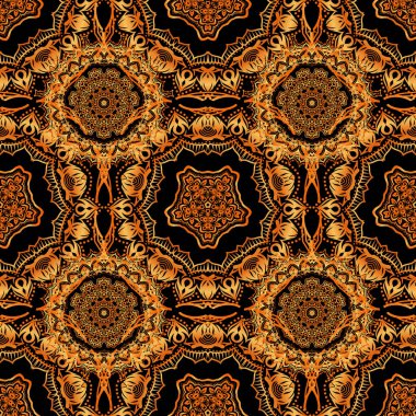 Zarif sarı, turuncu ve kahverengi desenli, çiçekli ve Mandala elementli. El çizimi güzel bir vektör çizimi.