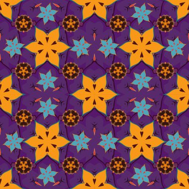 Geleneksel klasik süs. Arabesk ve kahverengi, menekşe ve sarı elementli doğu vektörü kusursuz desen.