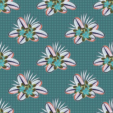 Vektör çizimi. Geleneksel Hint çiçeksiz deseni karışık tesisat çiçekleri mavi, yeşil ve gri renklerde..