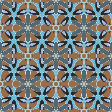 Sarma, tekstil ve duvar kâğıdı için kusursuz çiçek arkaplanı. Raster desenli mavi, yeşil ve kahverengi renkte. Yumuşak kiremit.