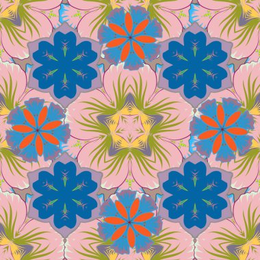 Pembe, sarı ve mavi renkli süslemeleri olan pürüzsüz bir desen..