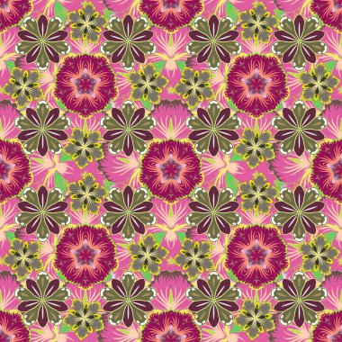 Vektör çizimi. Mor, kahverengi ve pembe renklerde kusursuz çiçek deseni.