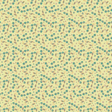 Çiçek çizimi. Bir buket retro bitki. Sarı, bej ve yeşil renklerde soyut vişne arkaplanı. Viktorya tarzı kirazlı, kirazsız desen. Vektör vintage tasarımı.