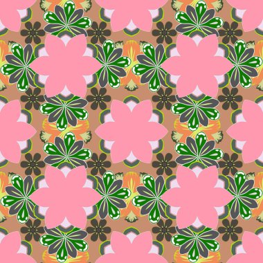 Çiçek arkaplan. Çiçekler ve yapraklar yeşil, pembe ve kahverengi renklerde vektörsüz desen. Yatak çarşafları, ceket, paket tasarımı, kumaş ve moda kavramları için tekstil baskısı. Suluboya etkisi.