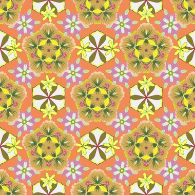 Raster illüstrasyonu. Yeşil, sarı ve turuncu renklerde kusursuz çiçek deseni.