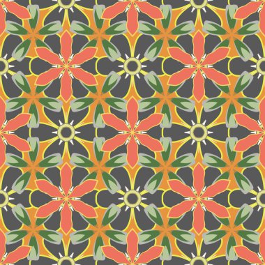 Gri, turuncu ve yeşil renkli çiçek açan ipek eşarp. El çizimi çiçek unsurları olan soyut, pürüzsüz vektör deseni. 1950-1960 motifleri. Sonbahar renkleri. Retro tekstil tasarım koleksiyonu.