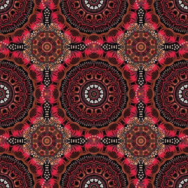 Ikat damaske desensiz arkaplan fayansı. Bej, kırmızı ve kahverengi renklerde. Vektör illüstrasyonu.