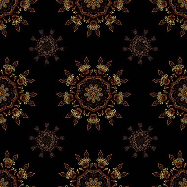 Klasik lüks damaske süsü. Duvar kağıtları, tekstil ve ambalaj için kraliyet Victoria dönemi kusursuz dokusu. Enfes bir barok şablonu. Raster damaskesiz desen kahverengi, sarı ve turuncu renklerde..