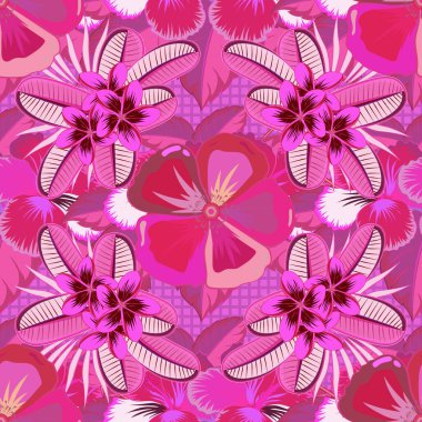 Grafiksel modern model. Mor, pembe ve morumsu renklerde kusursuz soyut çiçek deseni. Geometrik yaprak süsü. Güzel vektör arkaplanı. Plumeria çiçekleriyle kusursuz desen.