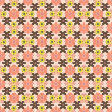 Vektör çizimi. Bej, pembe ve kahverengi renkli biçimlendirilmiş çiçeklerle kusursuz çiçek deseni..