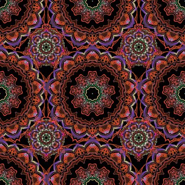 Damask pürüzsüz deseni pembe, turuncu ve mor renklerde. Vektör vintage çiçek süsü. Kumaş, duvar kağıdı, arkaplan, davetiye, ambalaj ve kitap kapakları için tasarım. El çizimi. Doğulu tarzı.