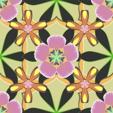 Şirin çiçeklerle kusursuz desen. Güzel, pürüzsüz bir desen. Dekorasyon kumaşı. Vektör duvar kağıdı tasarımı. Hediye paketi için gri, pembe ve kahverengi arkaplan.