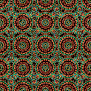 Kusursuz bir arka plan. Renkli desenler antika. Siyah arkaplanda kırmızı, kahverengi ve yeşil renkte çiçek süsü.