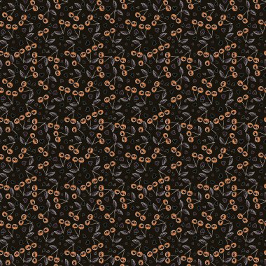 Yay vektörü biçimlendirilmiş arka plan. Moda baskıları için zarif bir şablon. Elementlerde hoş, pürüzsüz desen. Küçük turuncu, kahverengi ve siyah kiraz.