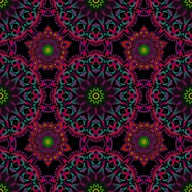 Siyah bir zemin üzerinde yeşil, mor ve kırmızı tül, kıvrımlı, pürüzsüz desenli, vektör kesme kağıt dantel dokusu.