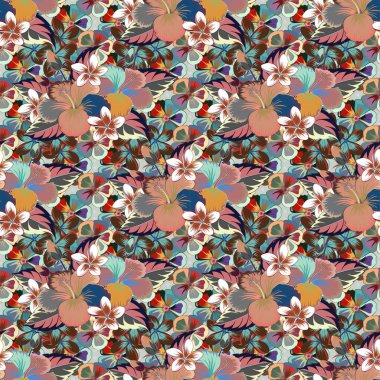 Pembe, gri ve kahverengi amfibik çiçekli Aloha tipografisi tişört baskısı, kusursuz desenli Vektör çizimi.