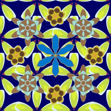 Yeşil, kahverengi ve mavi renkli tropikal yapraklar ve çiçeklerle vektörsüz arkaplan deseni.