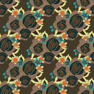 Raster illüstrasyonu. Yumuşak suluboya gül deseni - sarı, mavi ve yeşil renklerde kusursuz desen.